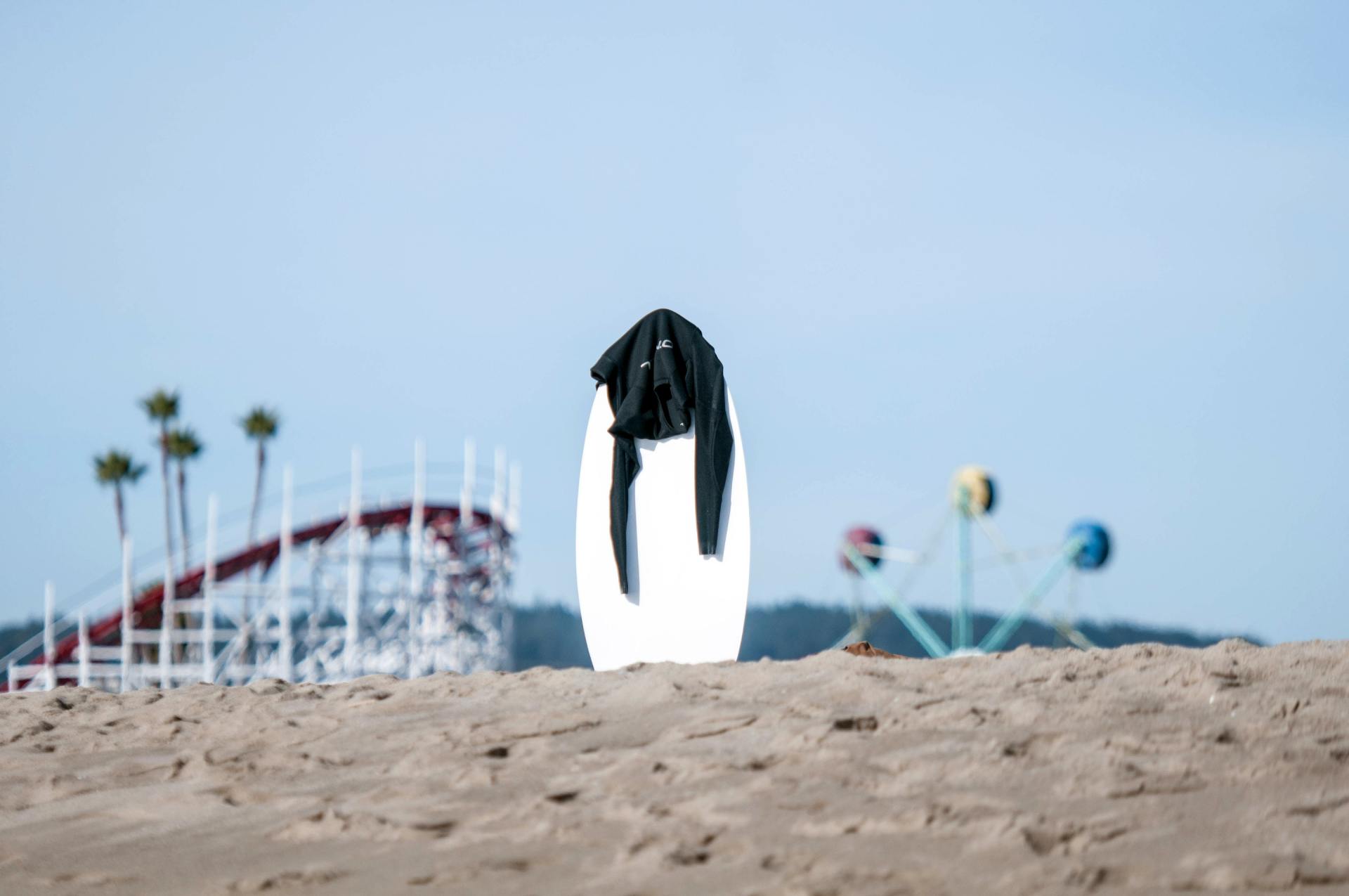 a person is standing on a beach with a roller coaster in the background .