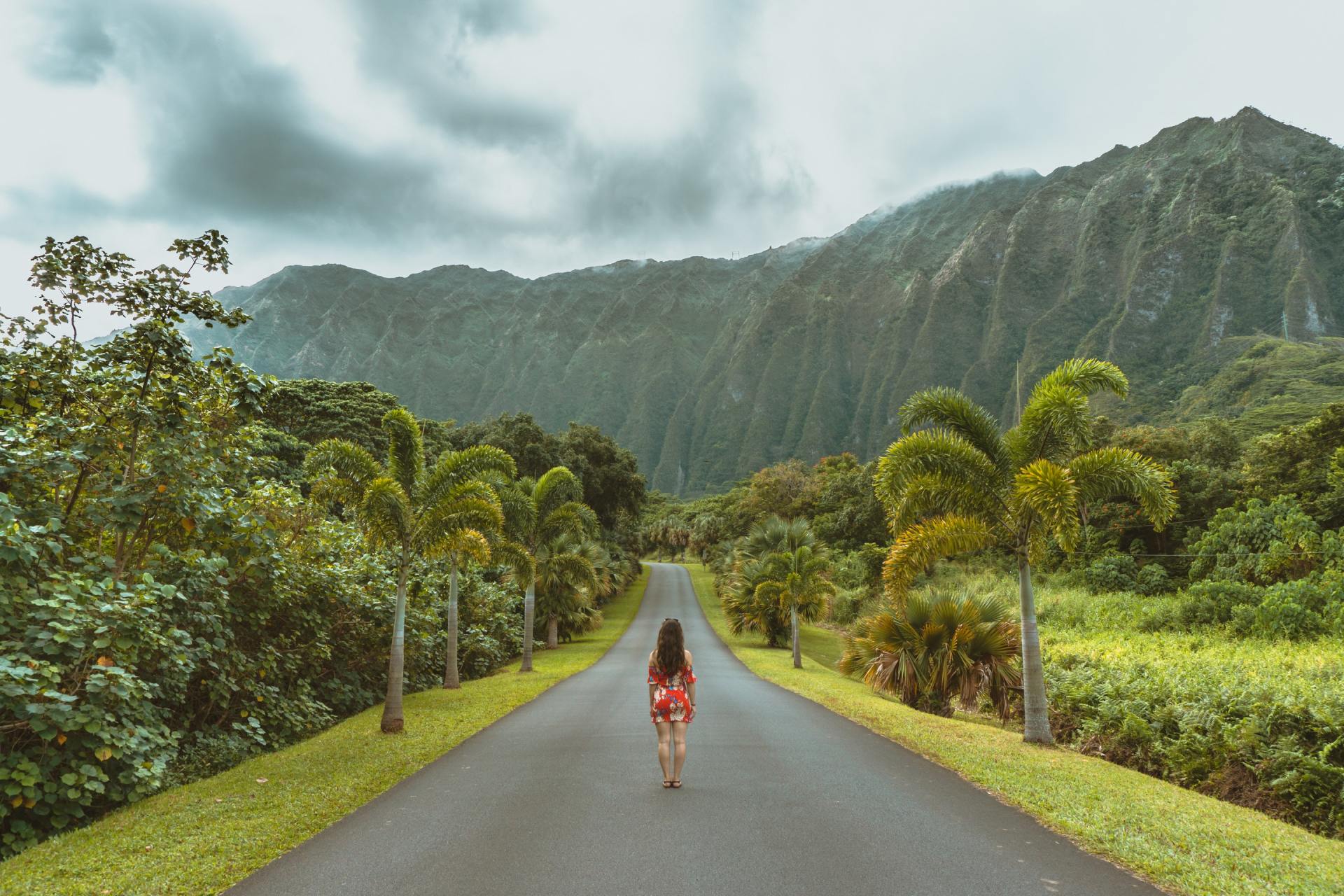 A woman is walking down a road surrounded by trees and mountains.
