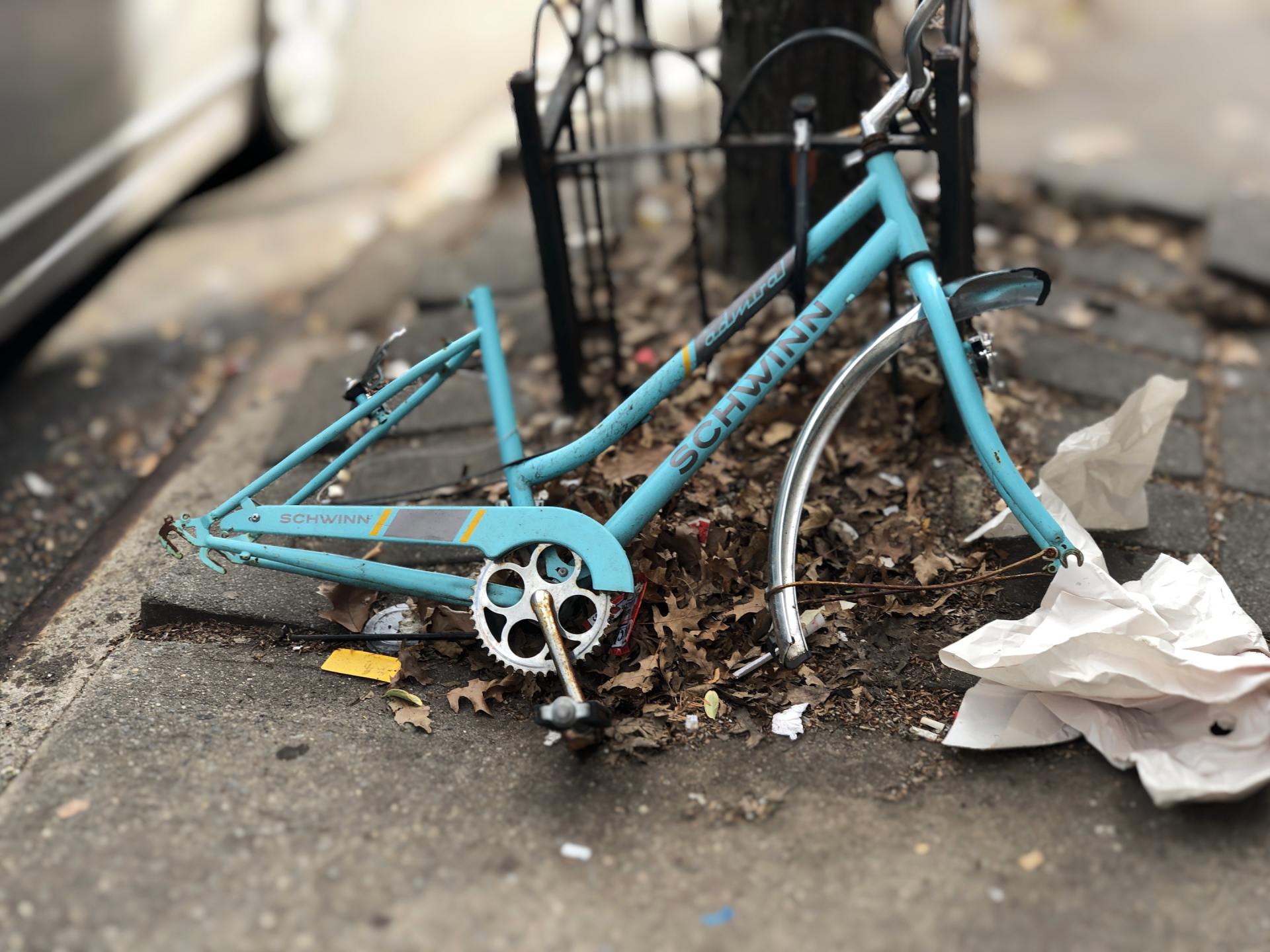A blue bicycle is laying on the side of the road
