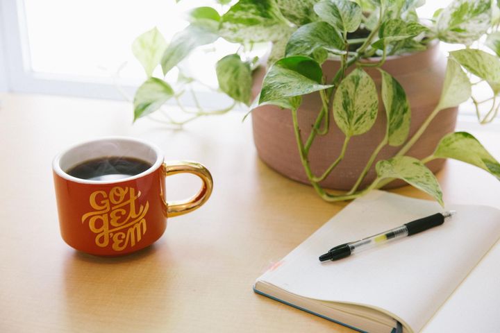 plant on the table with coffee and journal