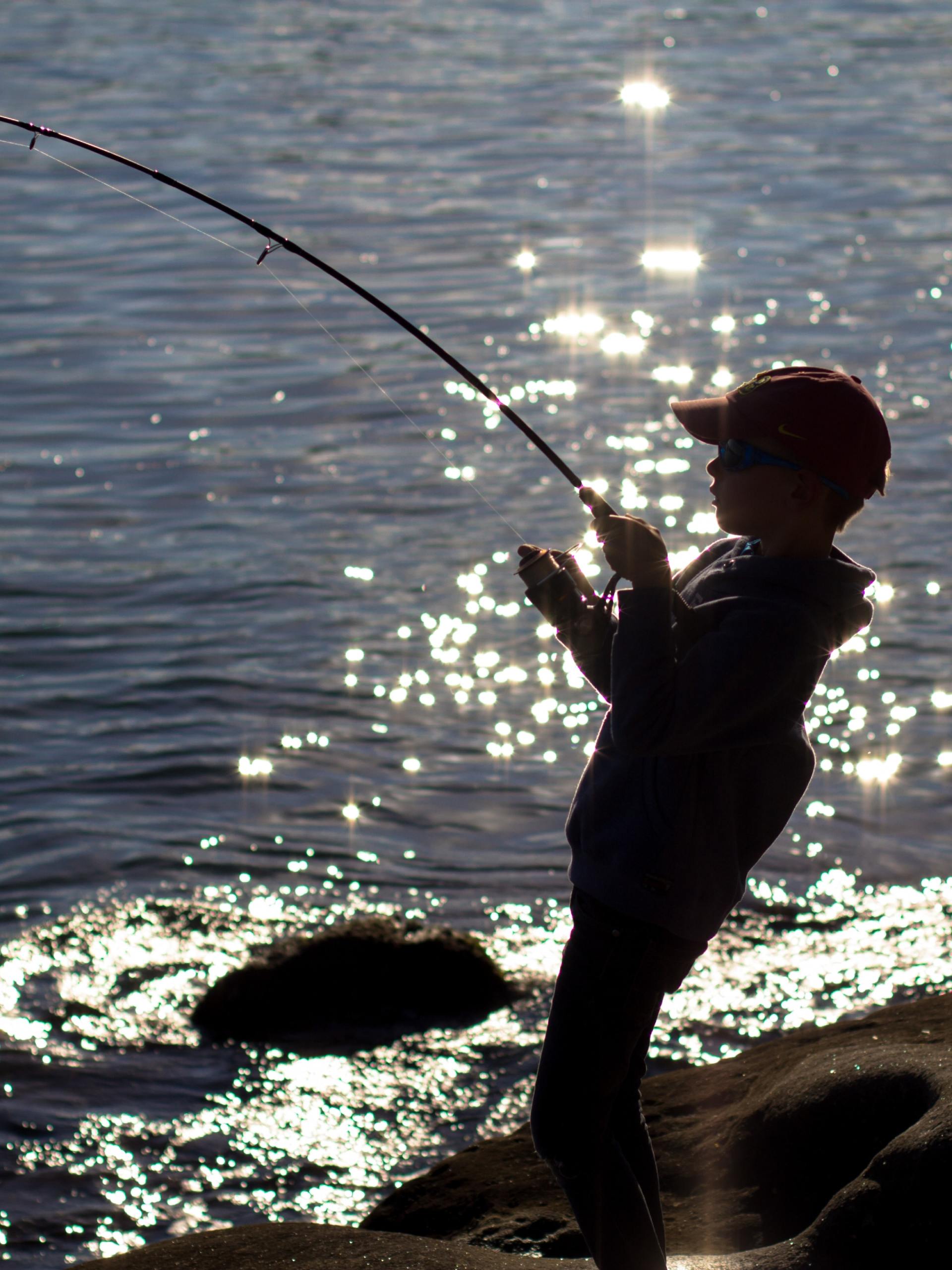Silhouette of a person fishing from rocks by sparkling water at sunset