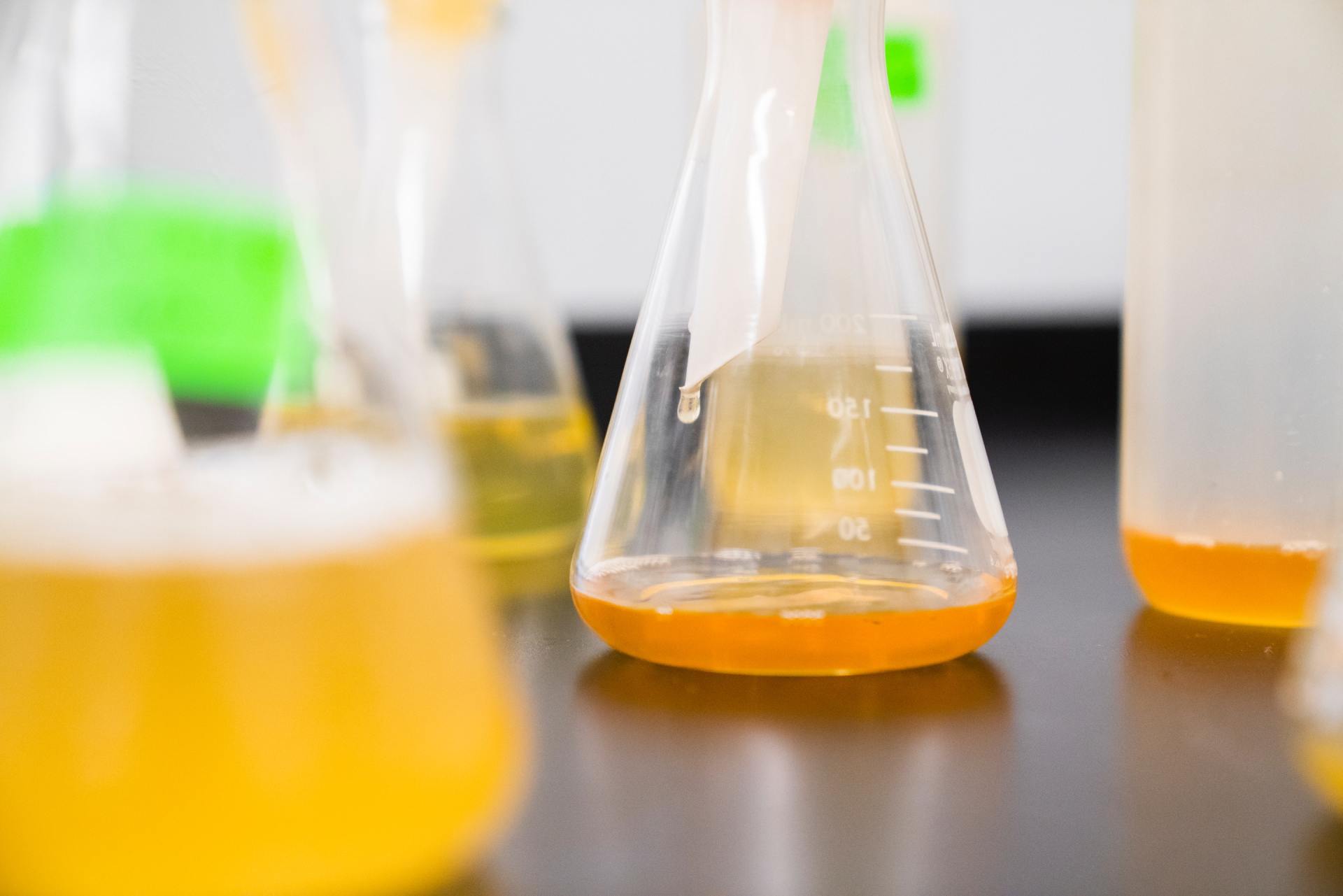 A group of beakers filled with yellow liquid on a table.