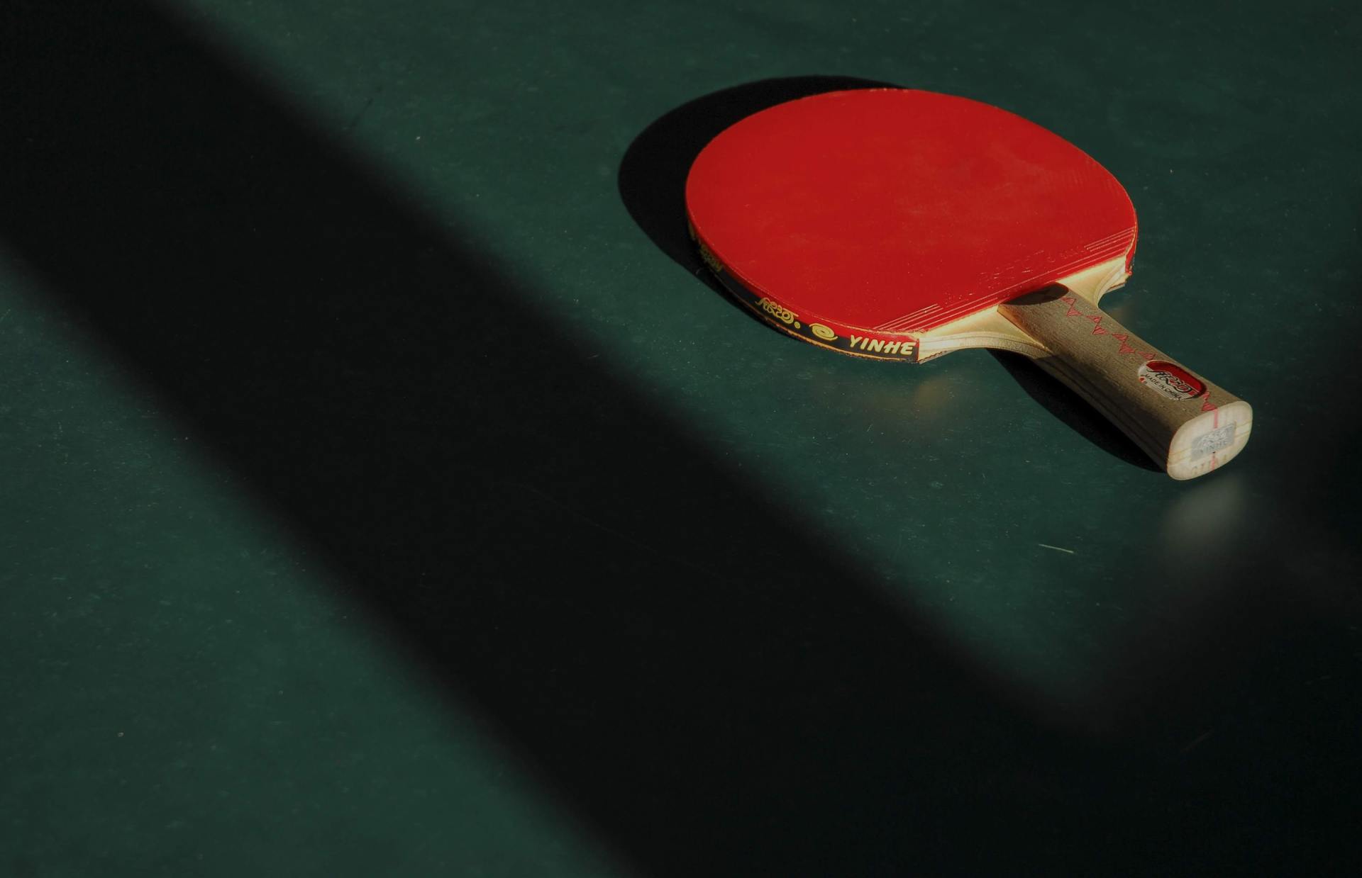 A red ping pong paddle is on a green table