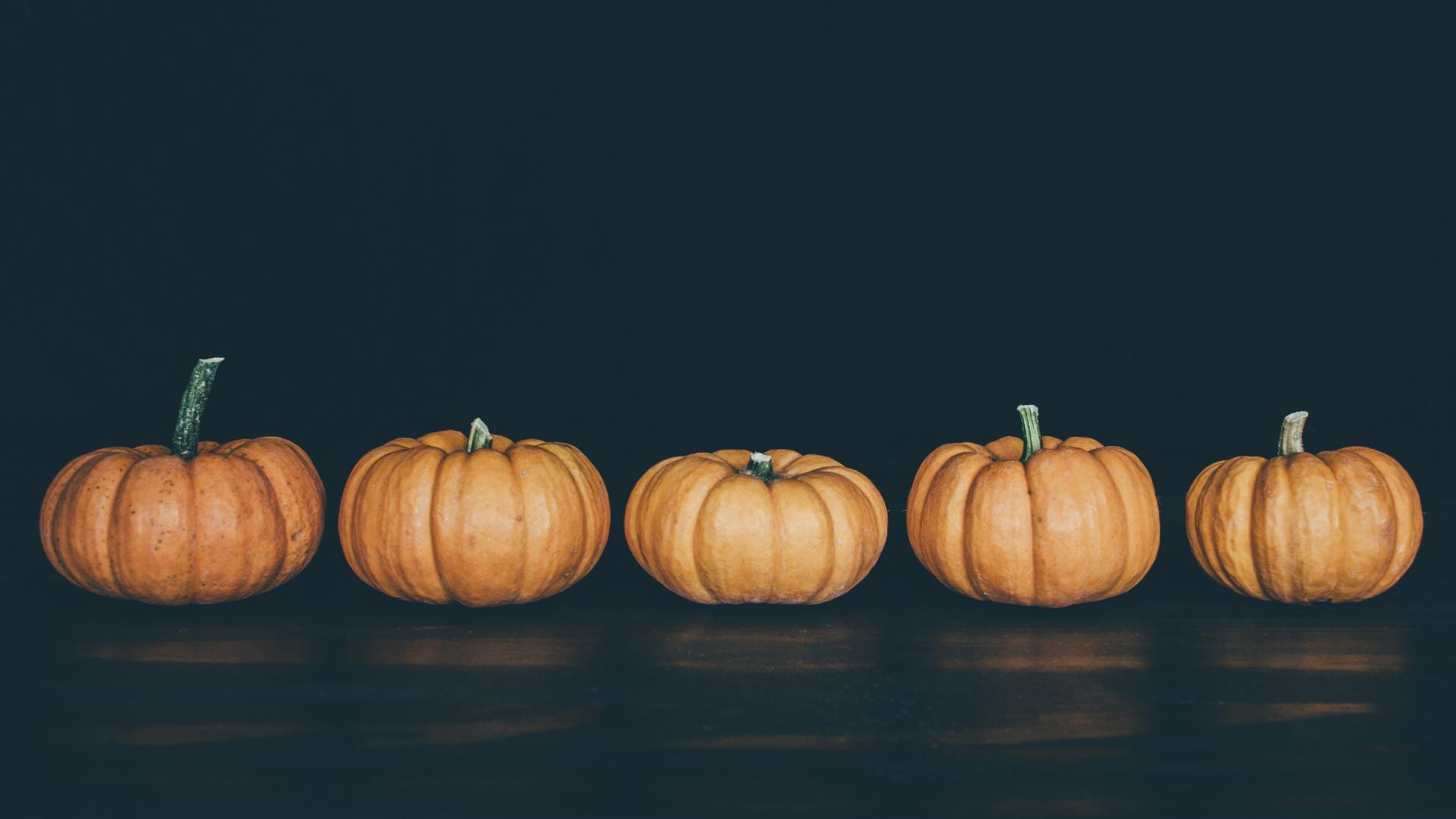 Five pumpkins are lined up in a row on a table.