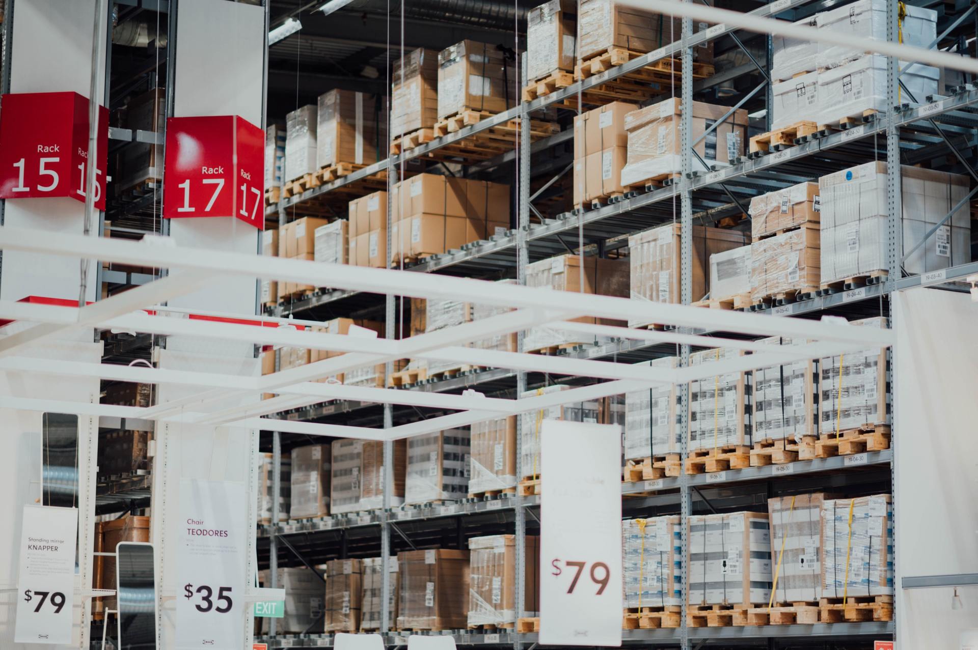 Warehouse aisle with tall metal shelving, stacked boxes, and red aisle signs numbered 15, 17, 35, and 79