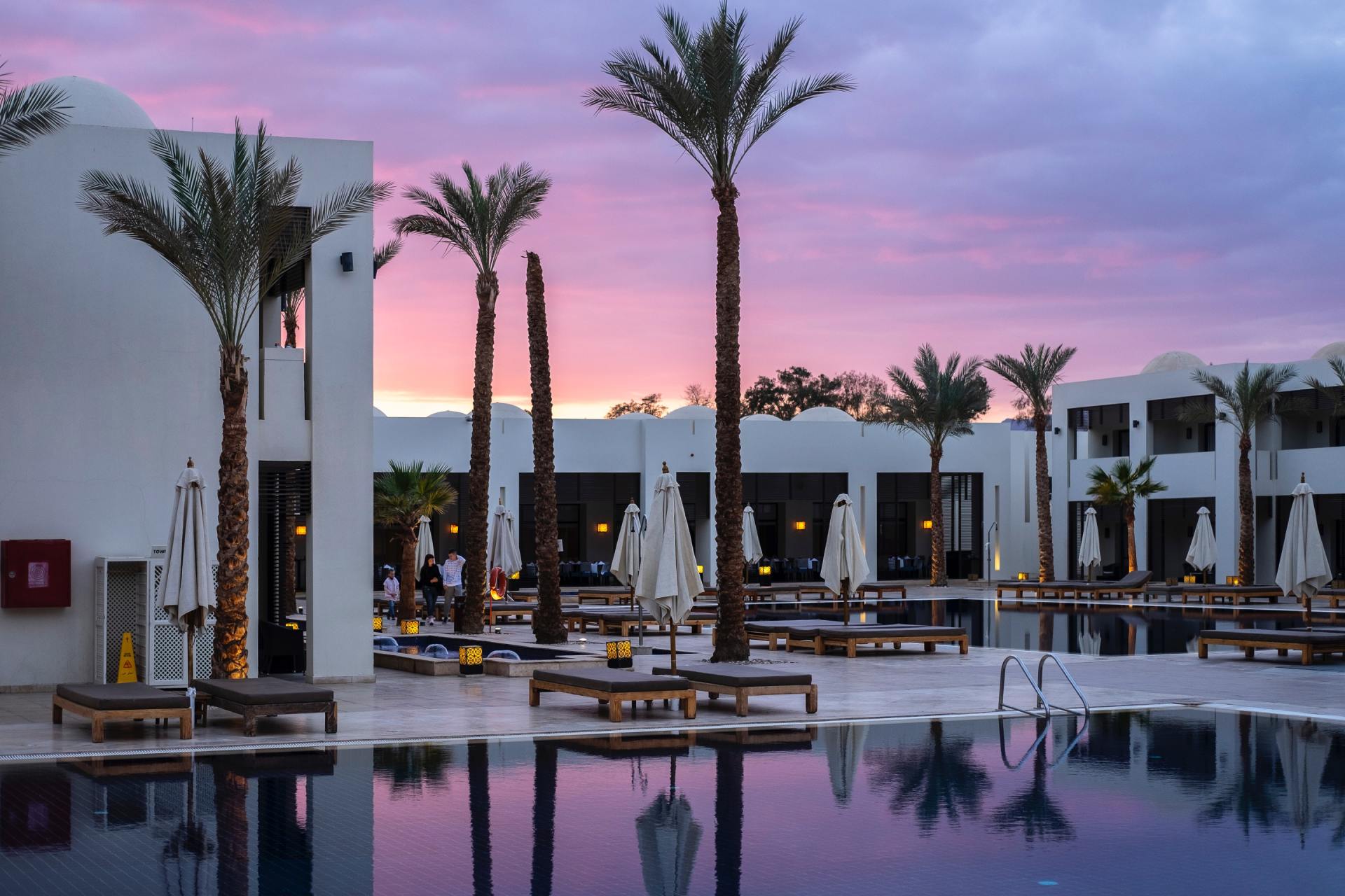 A large swimming pool with palm trees in front of a hotel