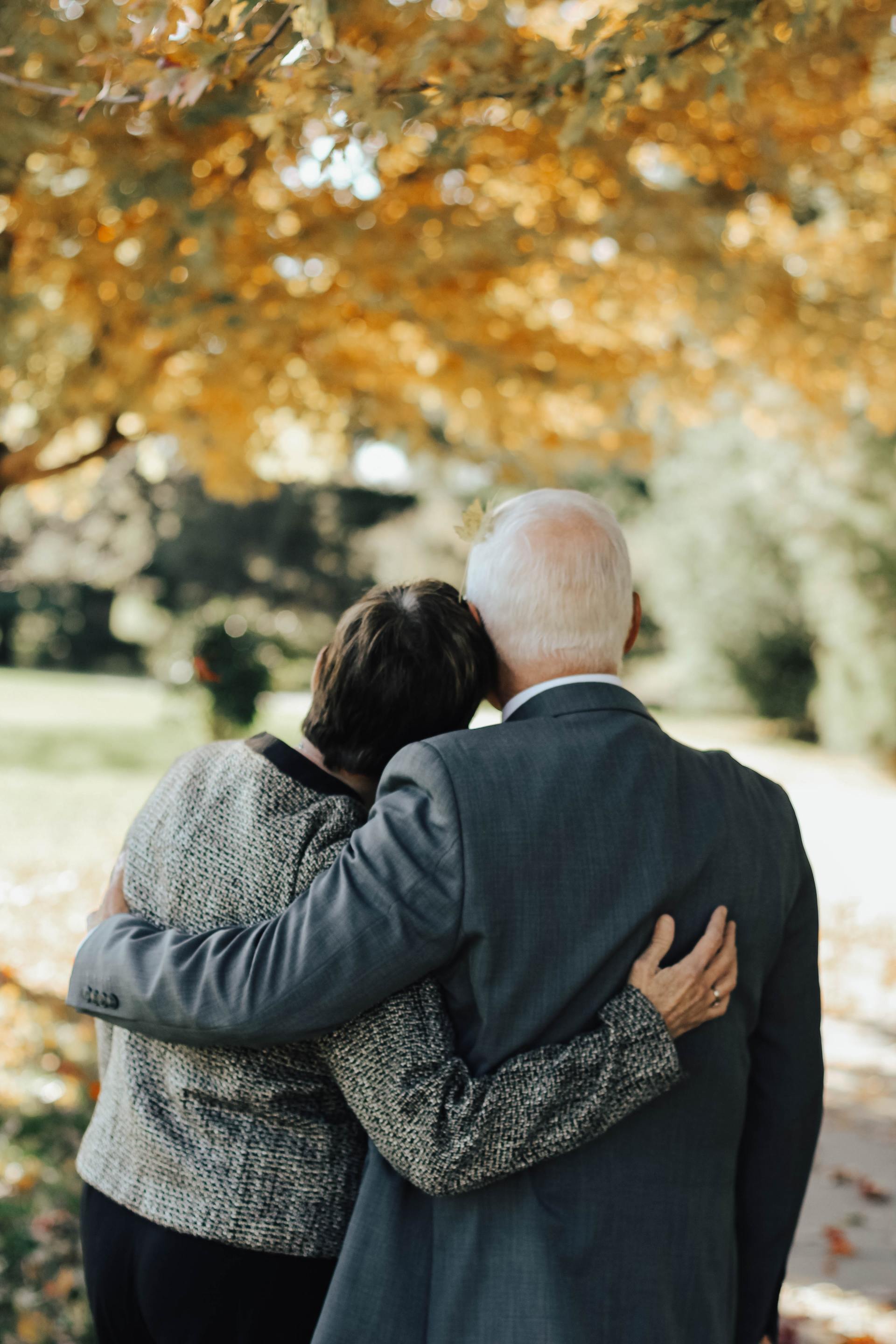 Elderly couple with arms around each other, gazing at autumn foliage.