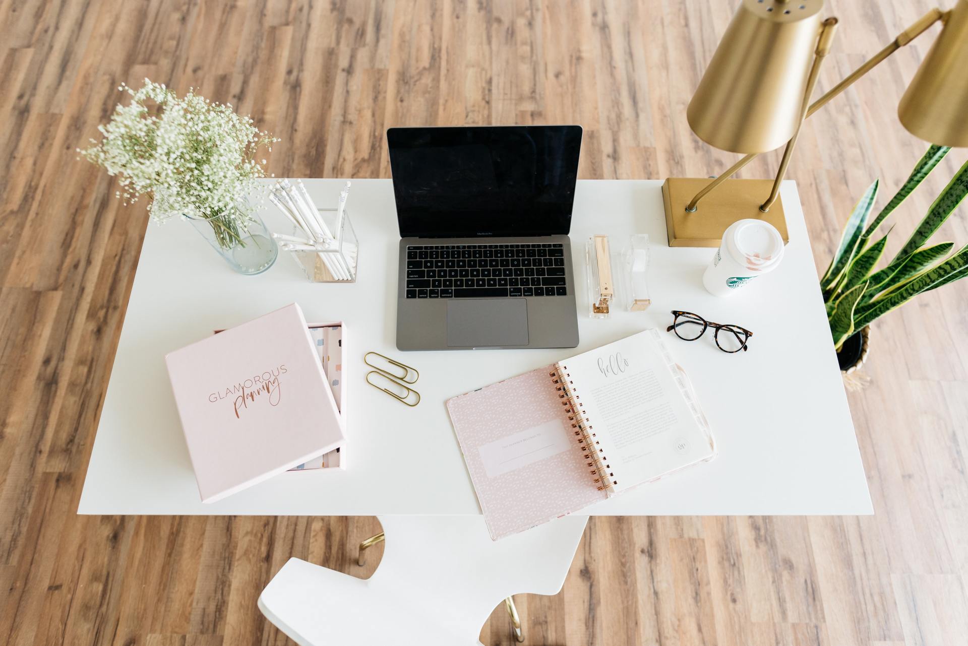 Desk space with computer and office supplies
