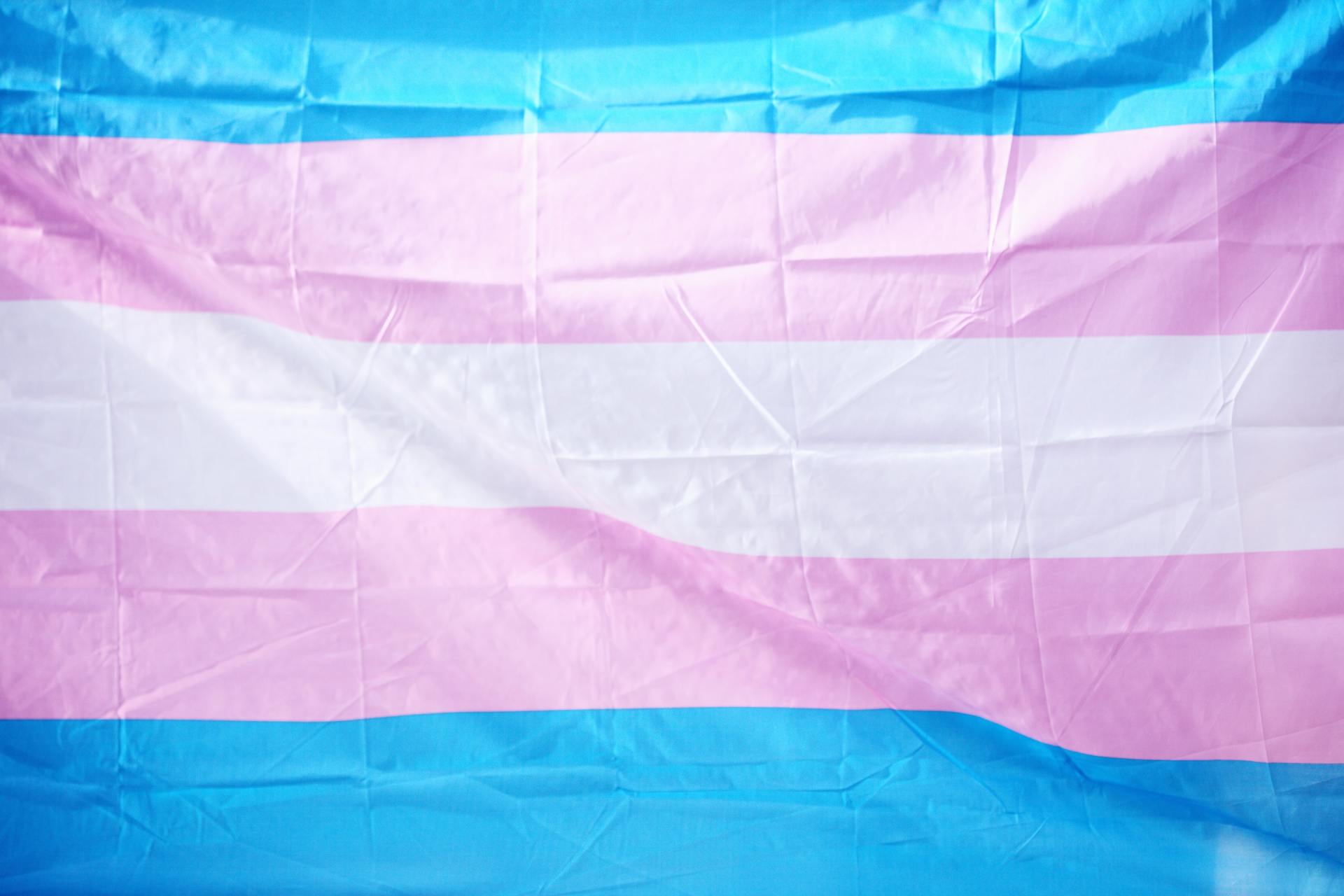 A blue , pink and white transgender flag is waving in the wind.