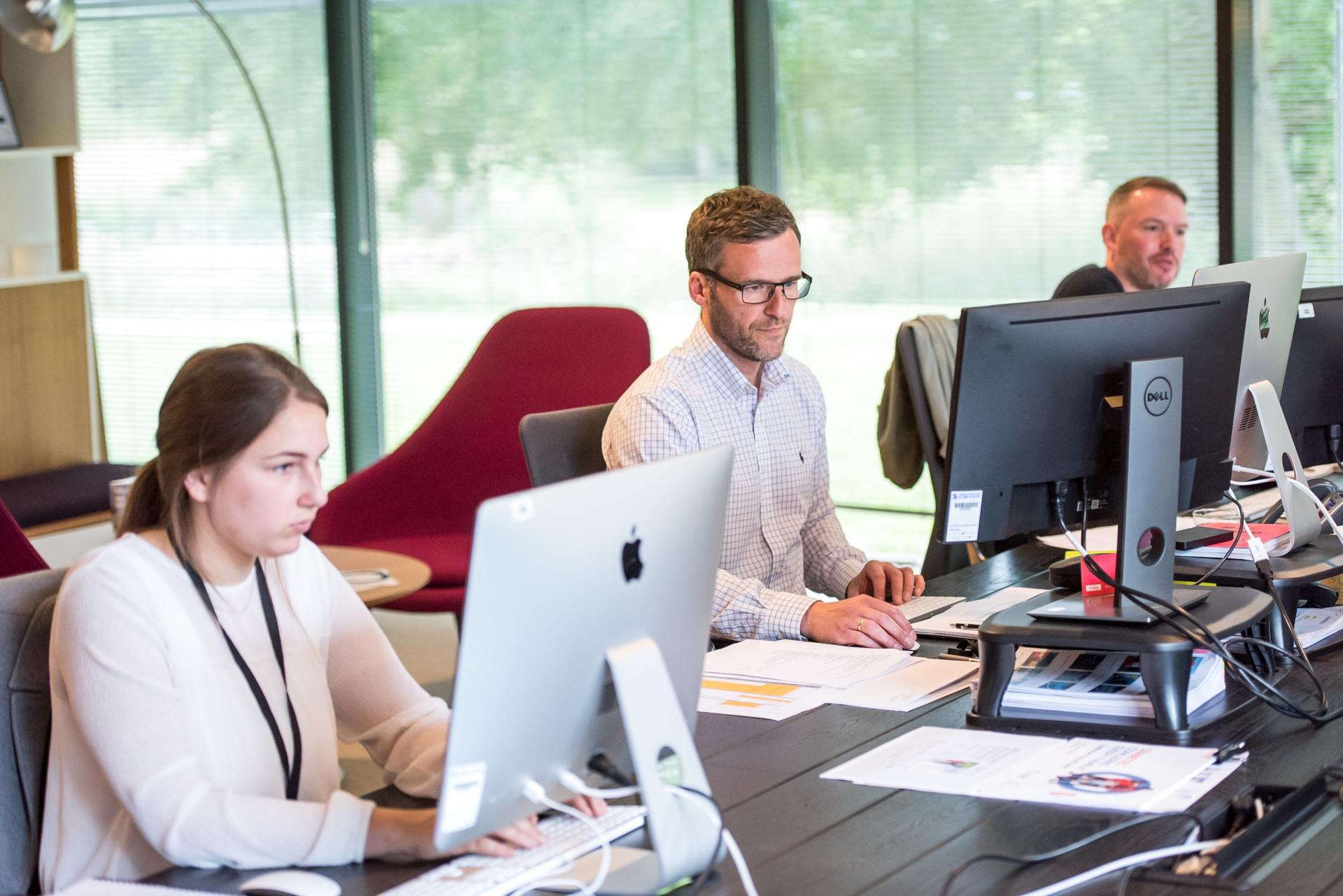A group of people are sitting at desks in front of computer monitors in an office.