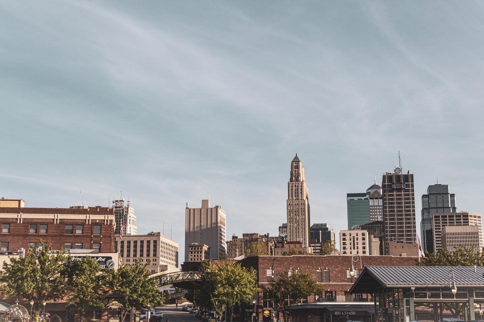 A city skyline with a lot of buildings and trees in the foreground.