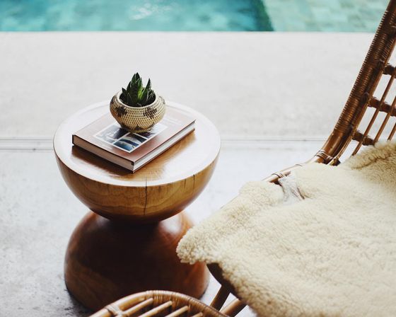 end table with book and plant