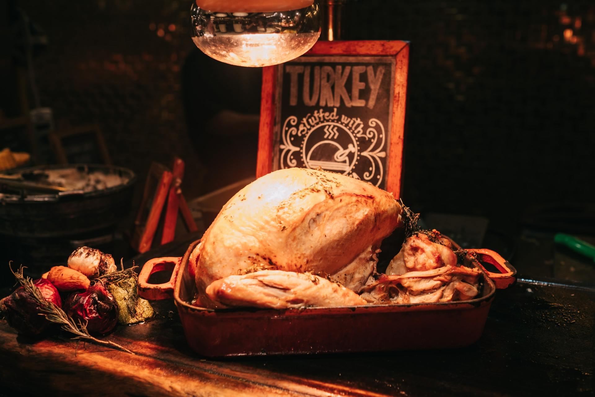 Roasted turkey in a baking dish, with a 