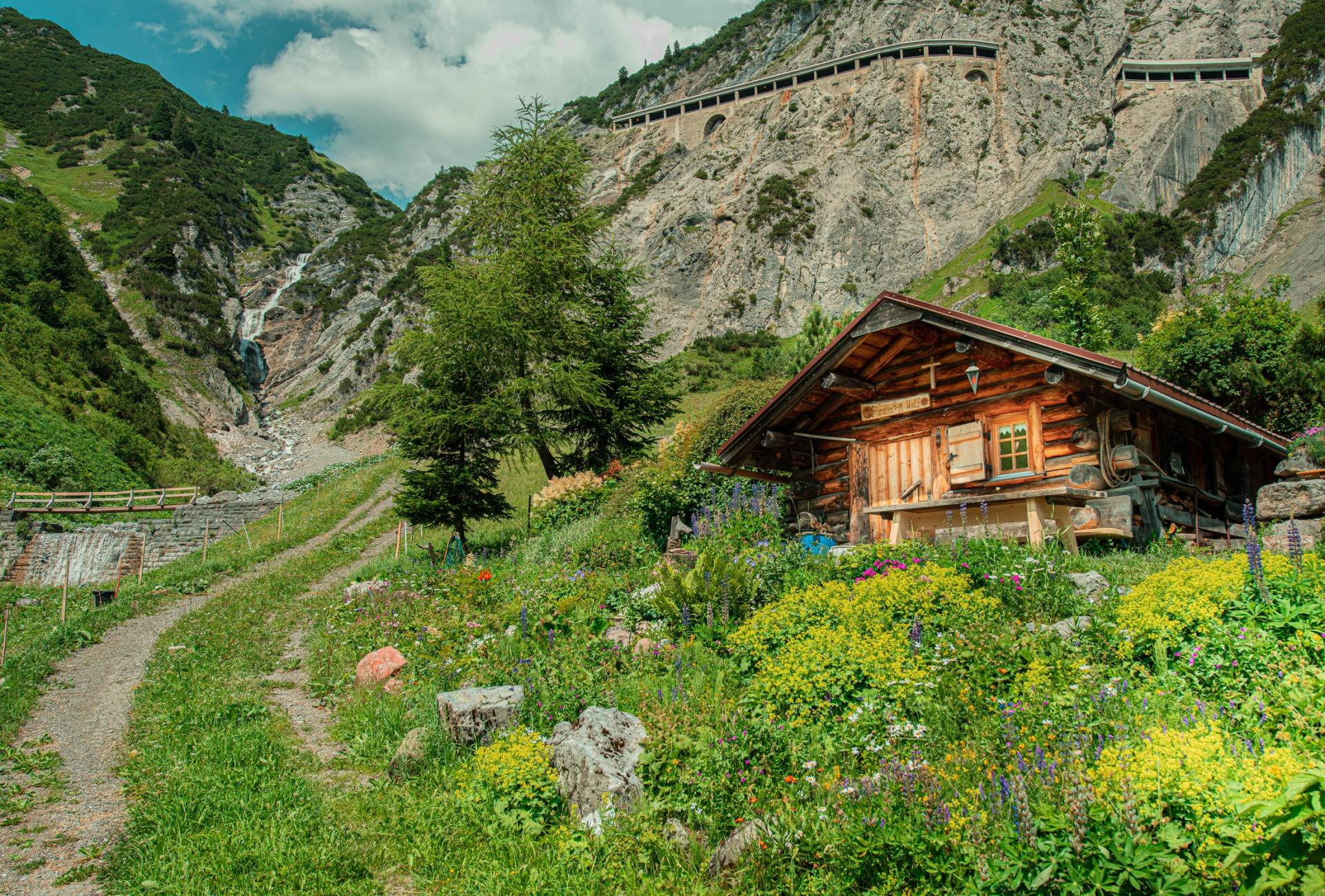 Holzhütte in einer grünen Wildblumenwiese unterhalb von Felsen und Bäumen