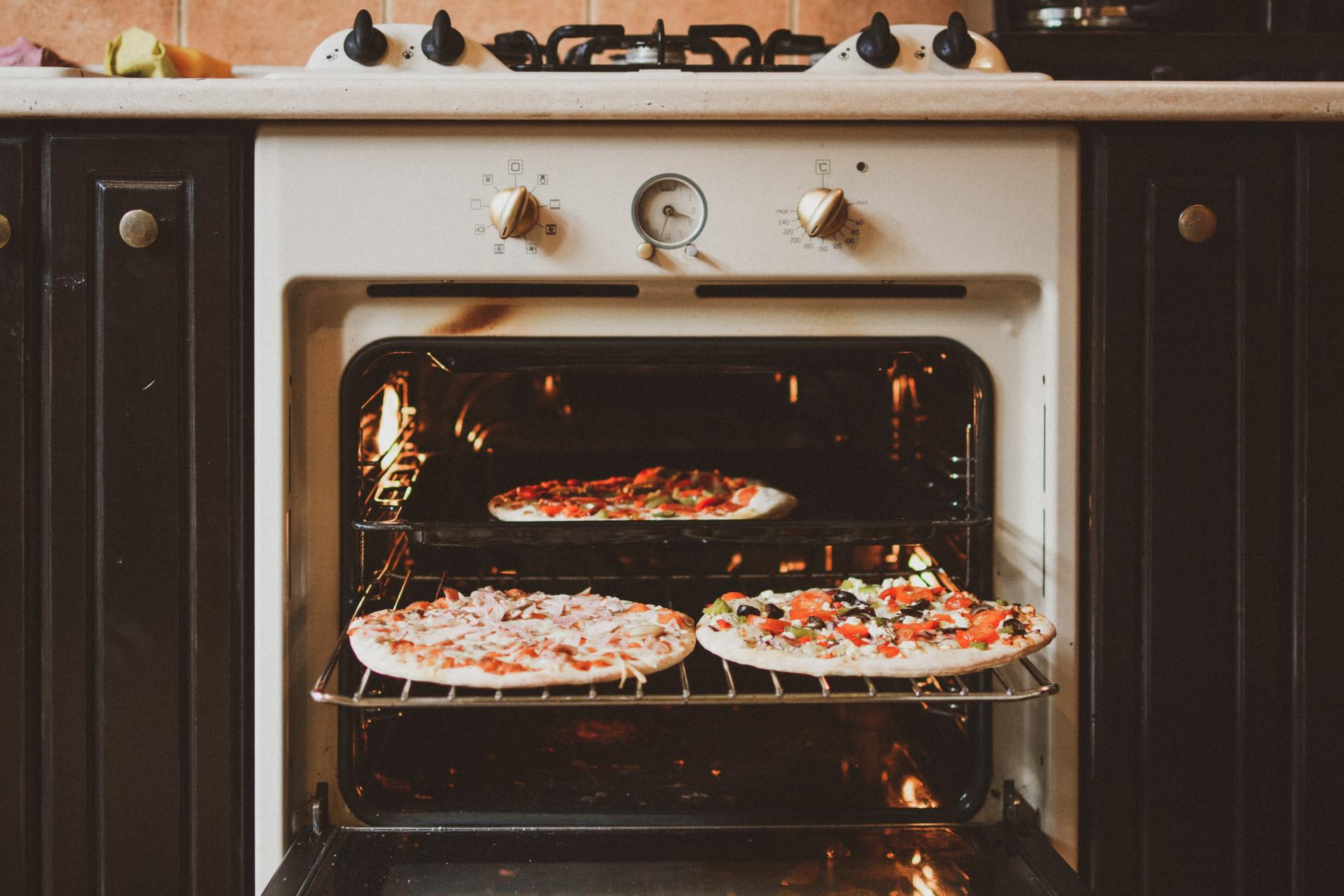 pizzas in the oven