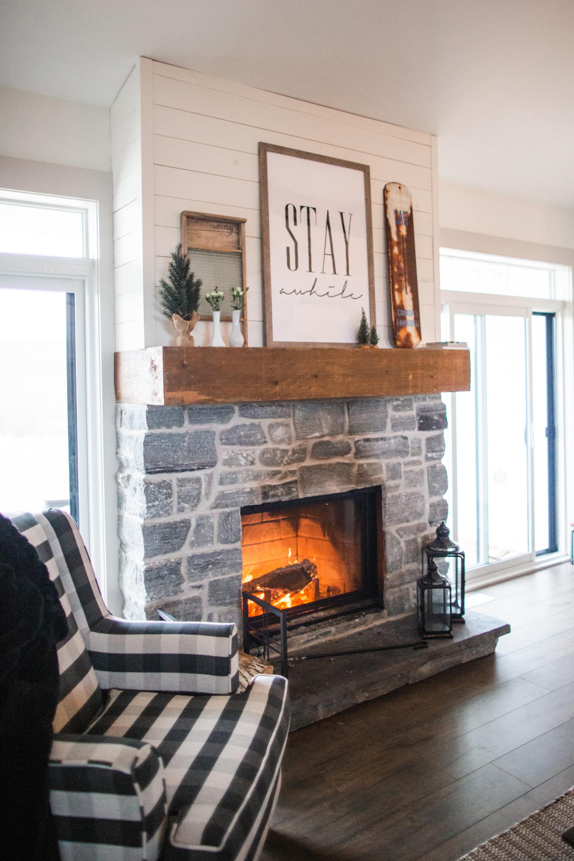 Art and a fireplace mantel