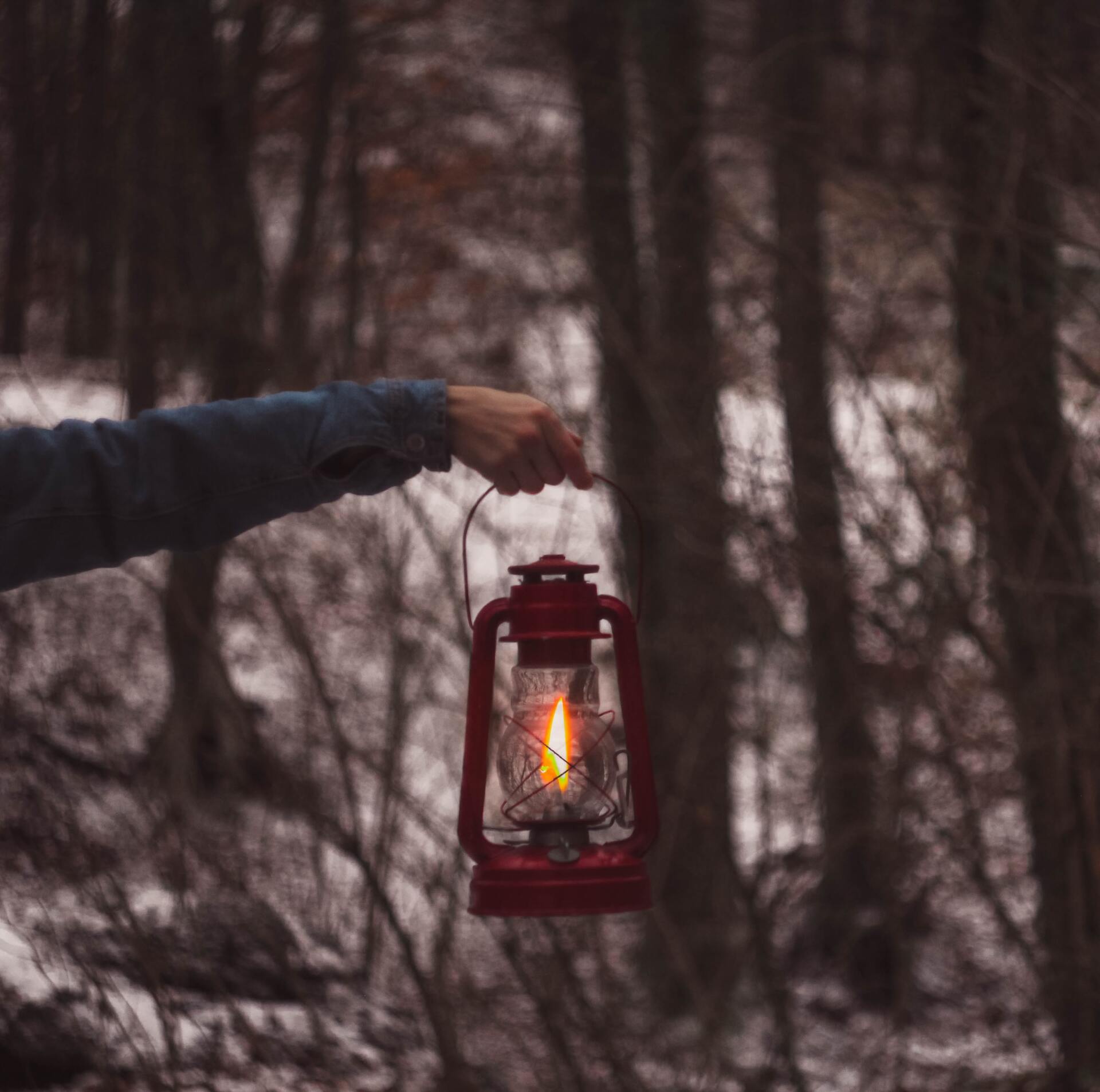 Eine Hand hält eine rote Laterne mit leuchtender Flamme in einem verschneiten Wald