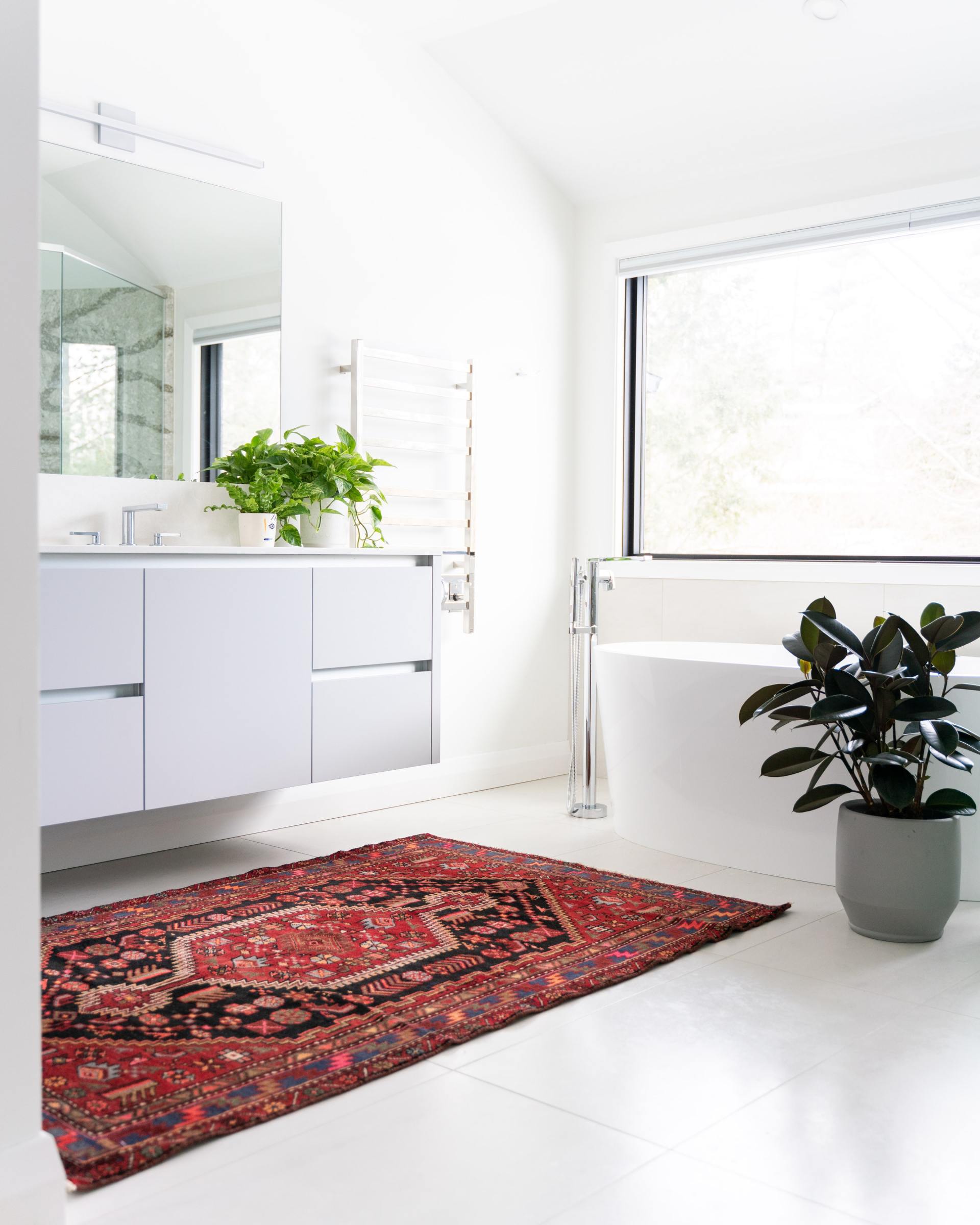 A bathroom with a rug on the floor and a plant in a pot.