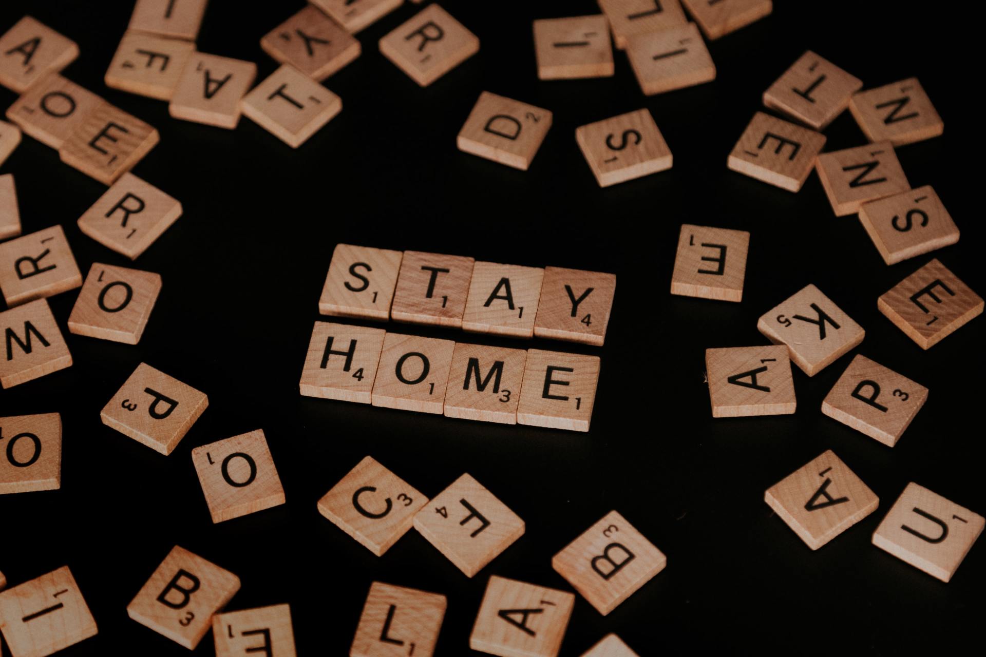 srabble blocks spelling stay home
