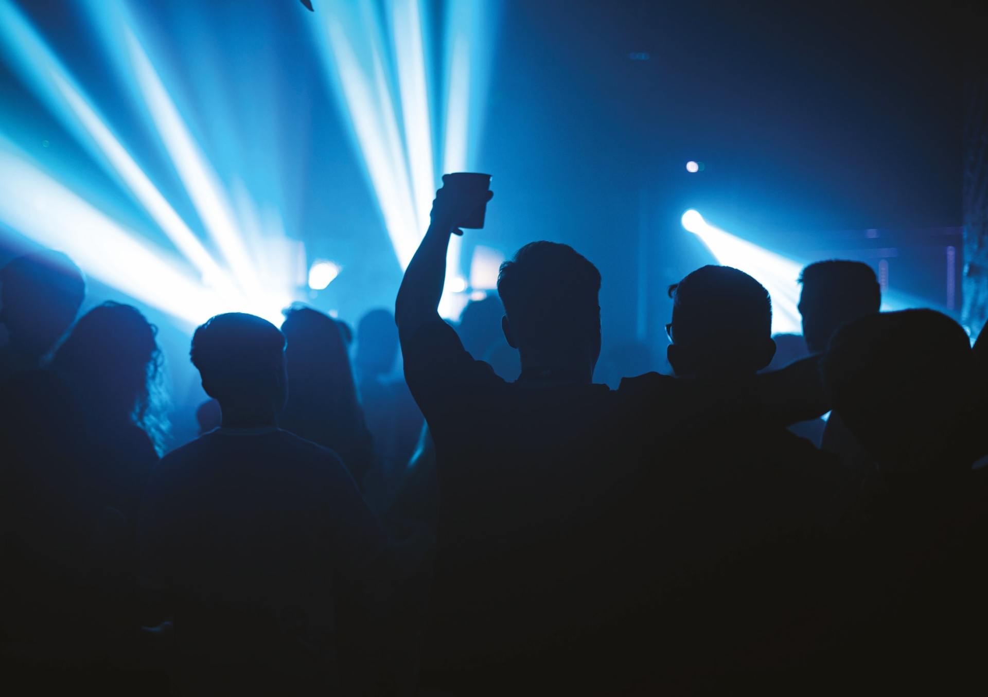 A group of people are dancing in a dark room at a concert.