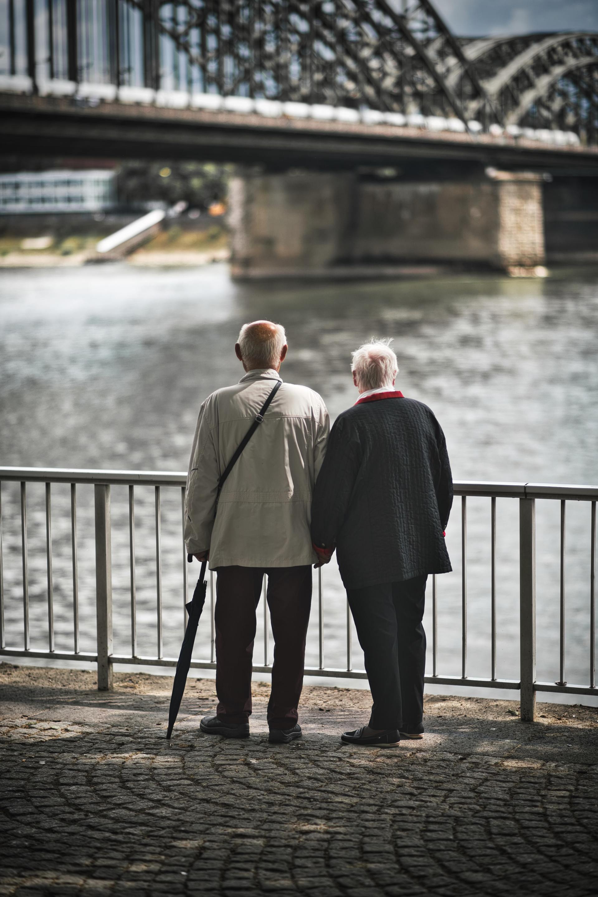 Due uomini anziani sono uno accanto all'altro e guardano un ponte su un fiume.