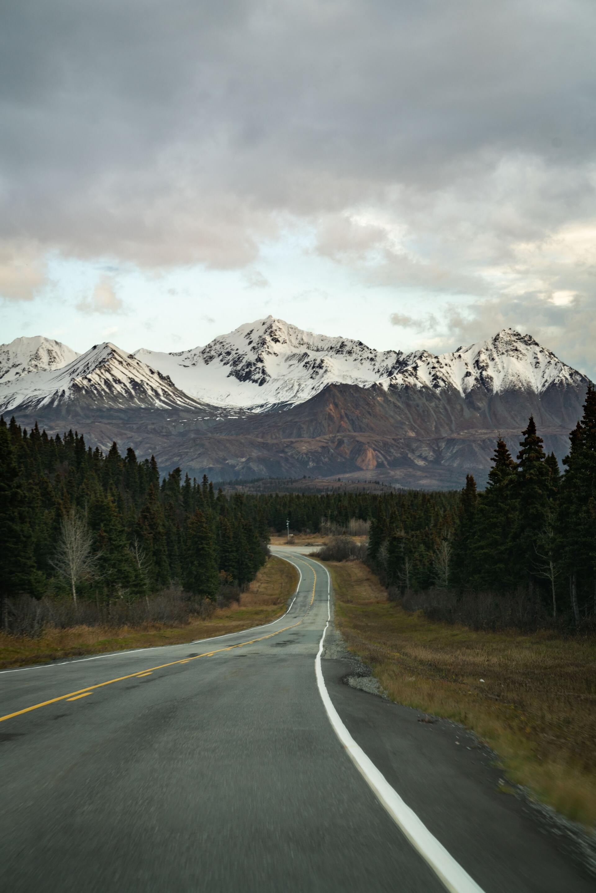 Road winding through evergreen trees towards snow-capped mountains under a cloudy sky.