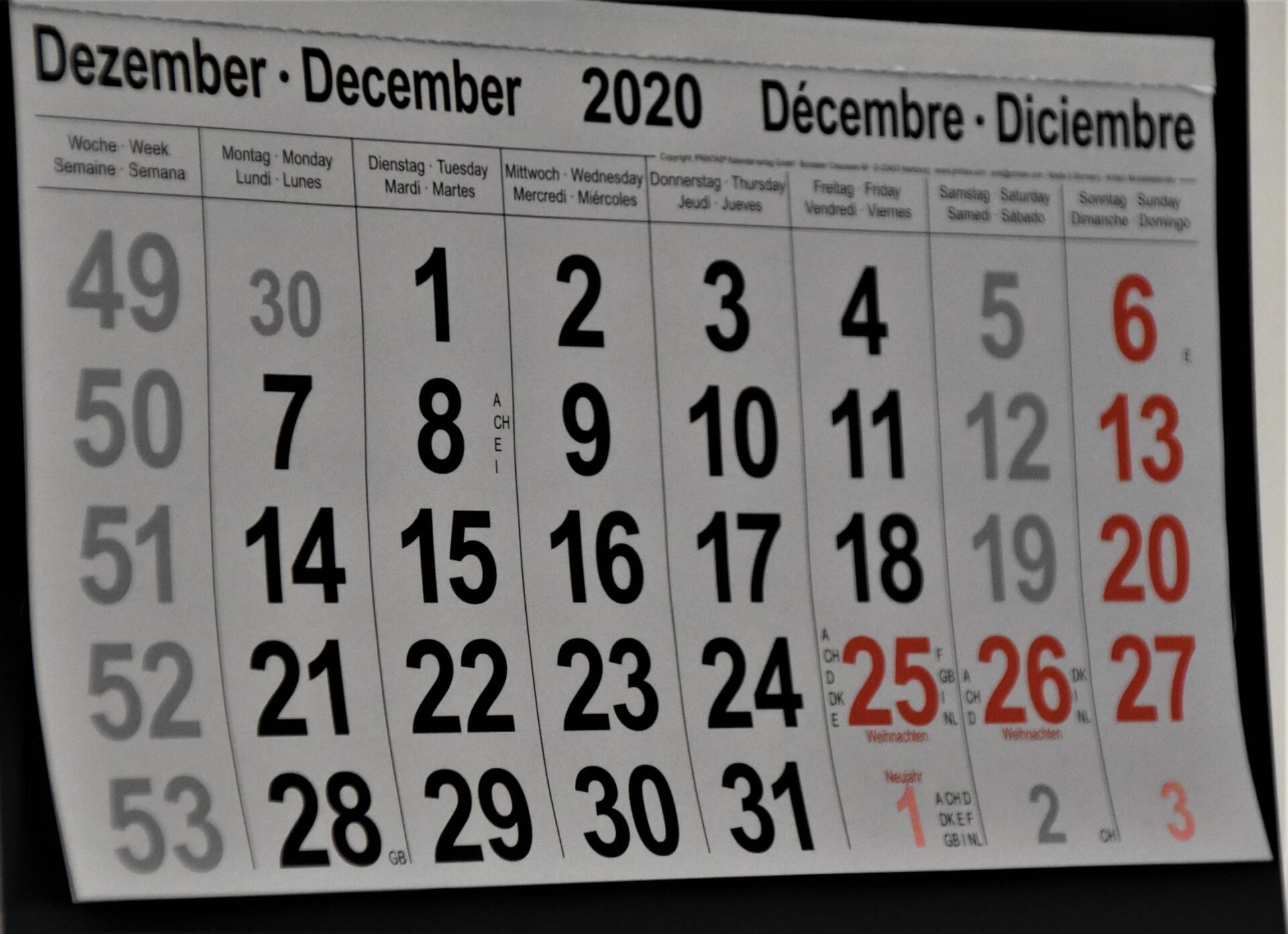 A calendar with the month of december on it