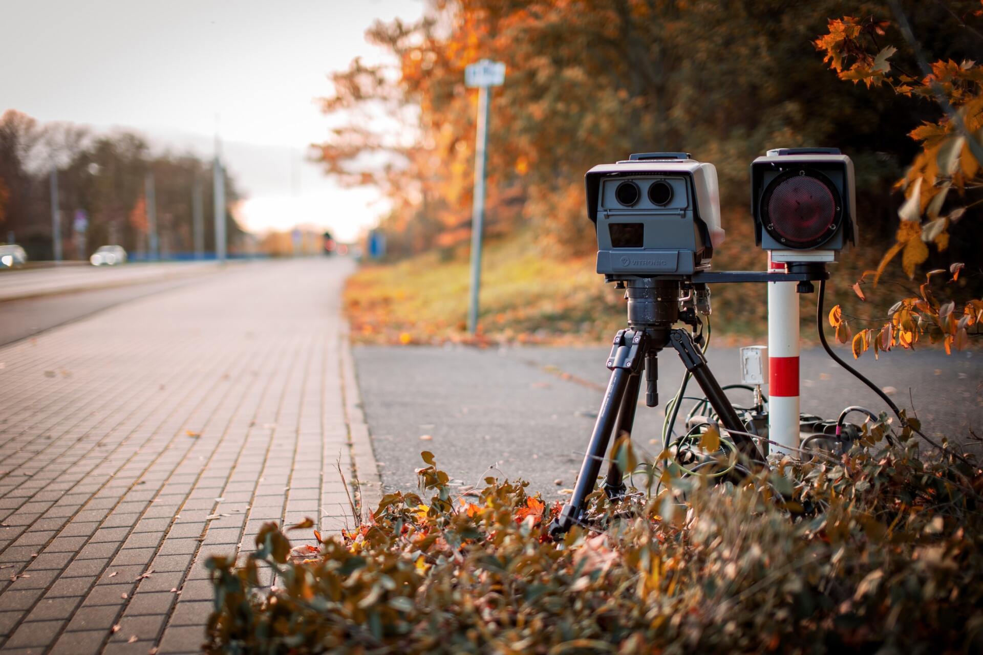 Speed camera on a quiet roadside in autumn, beside a brick sidewalk and orange-leaved trees.