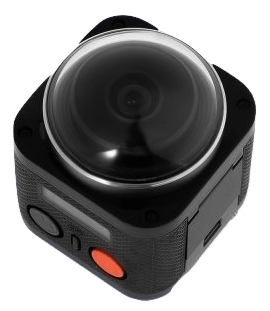 Compact black 360° action camera with a clear dome lens and orange button