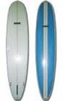 Two surfboards shown side by side, one white and one blue with white trim