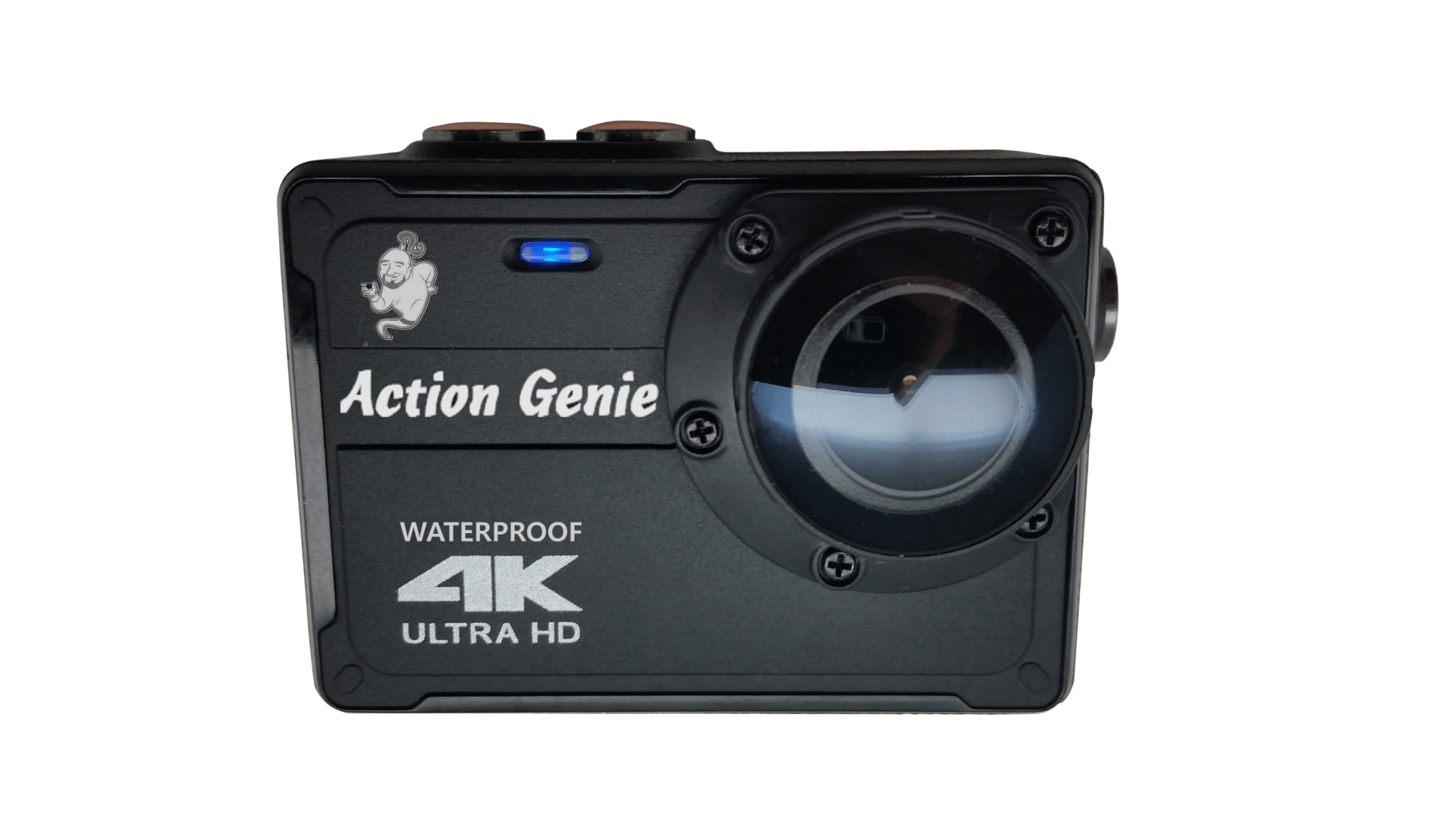 Black Action Genie 4K Ultra HD action camera with lens cover on a white background