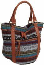 Colorful patterned tote bag with brown leather handles and straps on a white background
