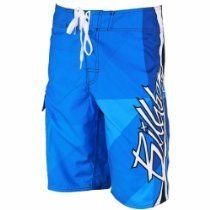 Blue athletic shorts with white drawstring and black-and-white side graphics