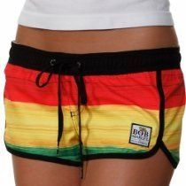 Rainbow-striped athletic shorts with black waistband and drawstring on a white background