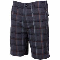 Dark plaid knee-length shorts with a front pocket, shown on a white background
