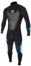 Black and gray wetsuit with blue accents, shown on a white background