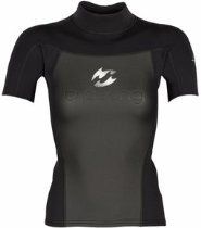 Black short-sleeve athletic wetsuit top with a high neck and white logo on the chest
