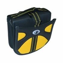 Black and yellow zippered travel bag with front pocket and handle