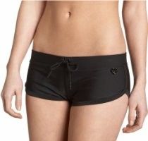 Person wearing black athletic shorts with a front drawstring on a white background