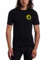 Person wearing a black T-shirt with a yellow circular logo on the chest.