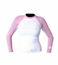 Pink and white long-sleeve rash guard with black collar, displayed front view on white background