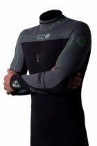 Black wetsuit-like garment with attached gloves and hood on a white background
