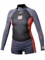 Black and gray long-sleeve wetsuit with red side accents and shorts-style bottom