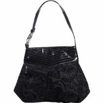 Black patterned shoulder handbag with a long strap and zippered front pocket