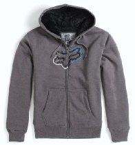 Gray zip-up hoodie with black hood lining and Fox logo on the chest