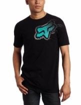 Man wearing a black T-shirt with a teal graphic logo on the chest