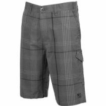 Gray plaid cargo shorts with side pocket and button closure