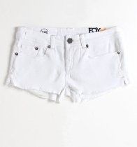 White denim shorts with frayed hems and front pockets on a plain white background