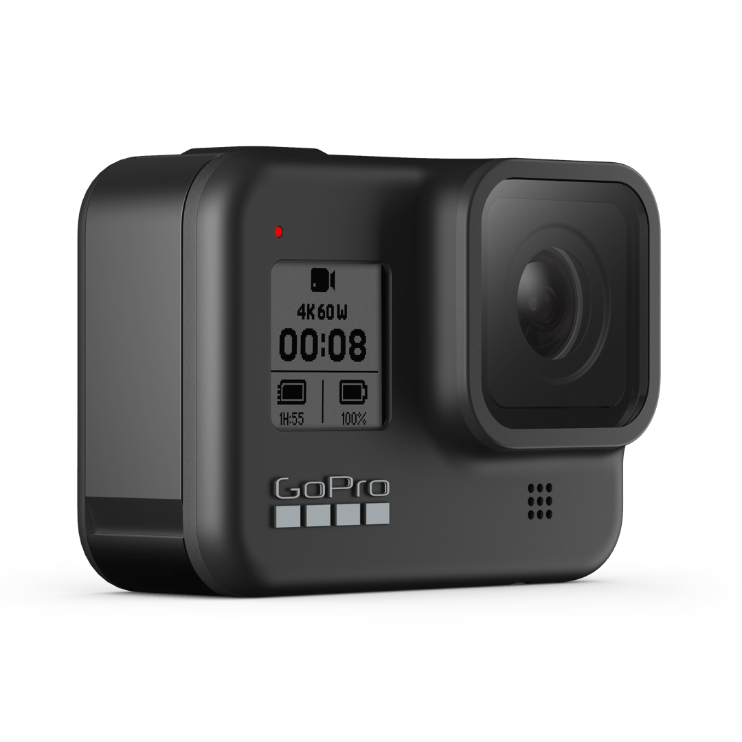 Black GoPro action camera with front display and lens on a white background