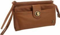 Brown leather wristlet clutch with front flap and circular clasp